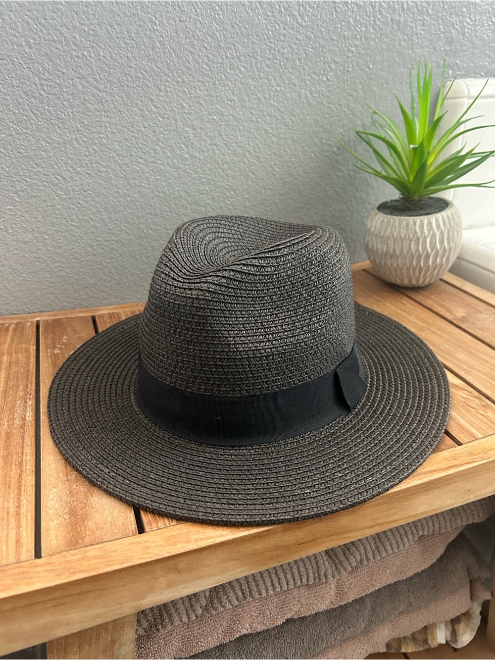 Classic Straw Fedora Hat in Charcoal with Black Band